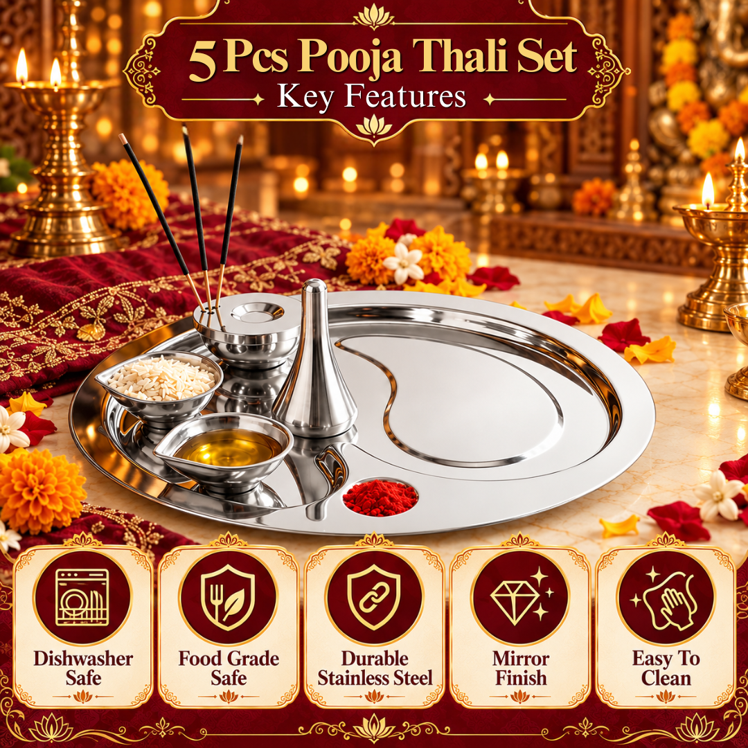 FnS Premium Stainless Steel Pooja Thali Set of 5 Shine Finish