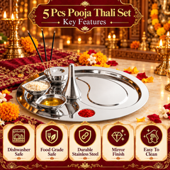 FnS Premium Stainless Steel Pooja Thali Set of 5 Shine Finish