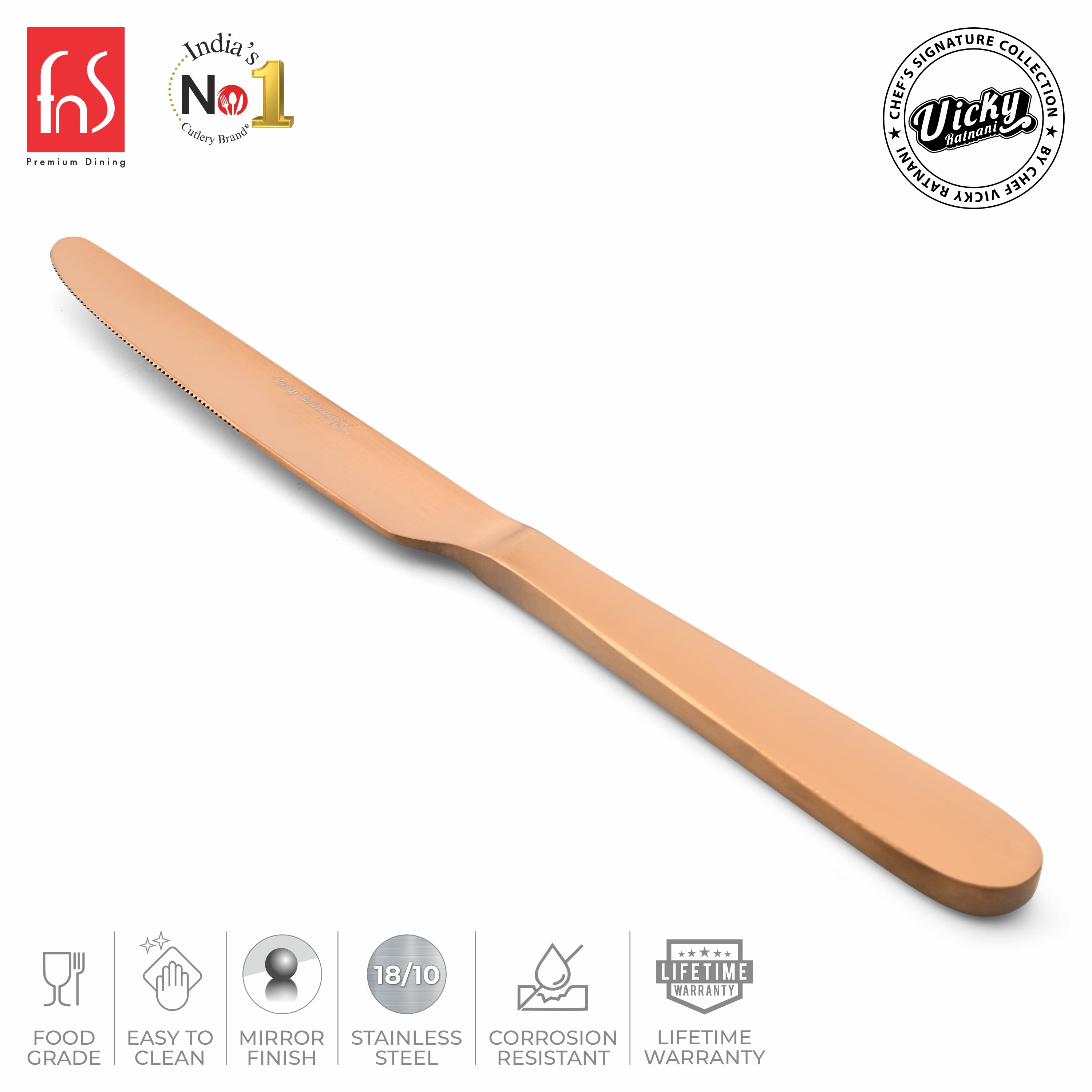 Chef Vicky Ratnani's Signature Collection By FnS Livo Rose Gold Dessert Knife/Dinner knife/Butter knife 2 Pcs Set | Premium refined finish Handle Design Cutlery for Home, Dining & Kitchen