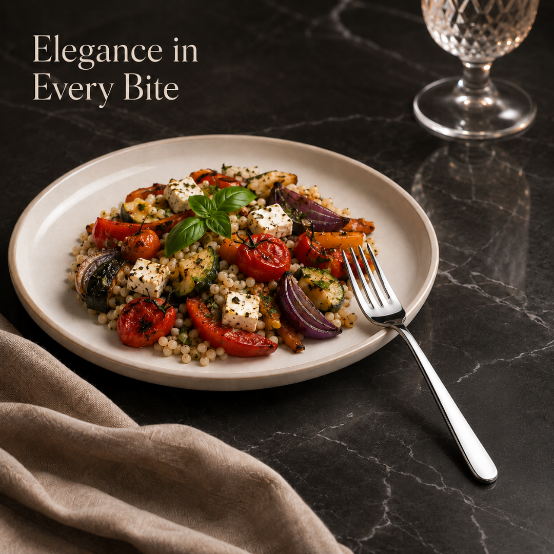 Montavo by FnS Verona stainless steel dessert fork served beside a colourful vegetable and cheese salad on a large plate.
