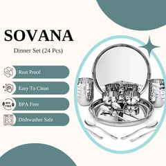 FnS Sovana 24 pcs Stainless Steel Dinner Set (6 Thali, 12 Katori (Bowl), 6 Dinner Spoon)