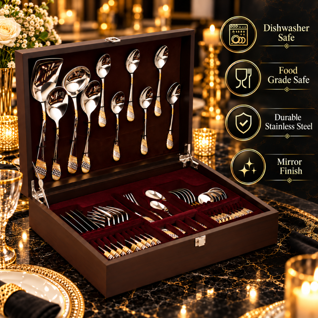 FnS Imperio Gold Plated 34 pcs Cutlery Set with Wooden Box Packaging