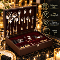 FnS Imperio Gold Plated 34 pcs Cutlery Set with Wooden Box Packaging