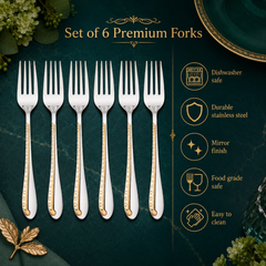 FnS Tivoli set of 6 dinner forks in stainless steel with mirror finish, dishwasher safe, food grade safe and easy to clean