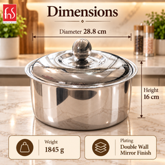 FnS Crista Double Walled Mirror Finish Stainless Steel Casserole 5000ml