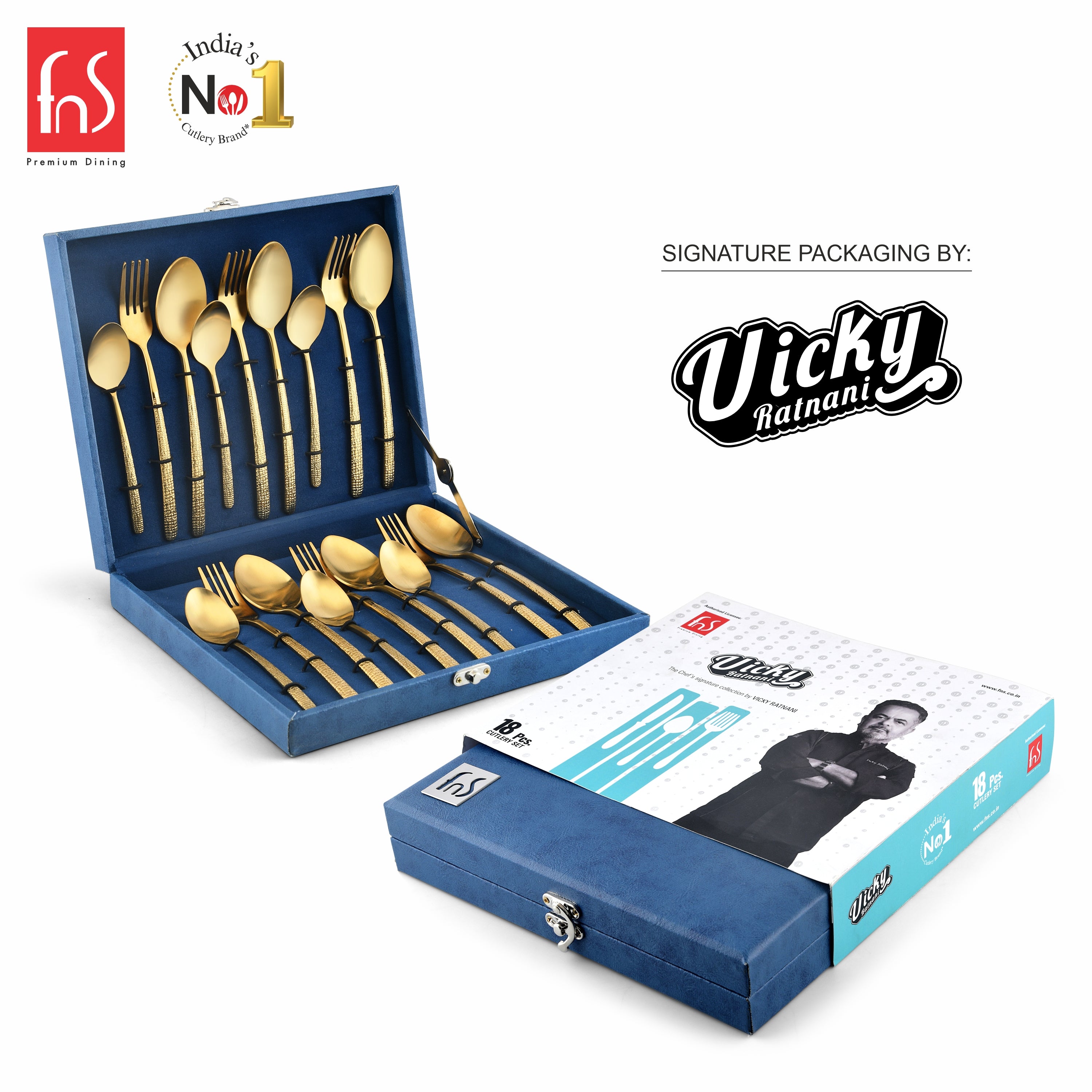 Chef Vicky Ratnani's Signature Collection By FnS Velora Stainless Steel 18 Pcs Cutlery Set with Box Pack | 6 Dinner Spoons, 6 Dinner Forks, 6 Tea Spoons | Premium Textured Handle Design Cutlery for Home, Dining & Kitchen