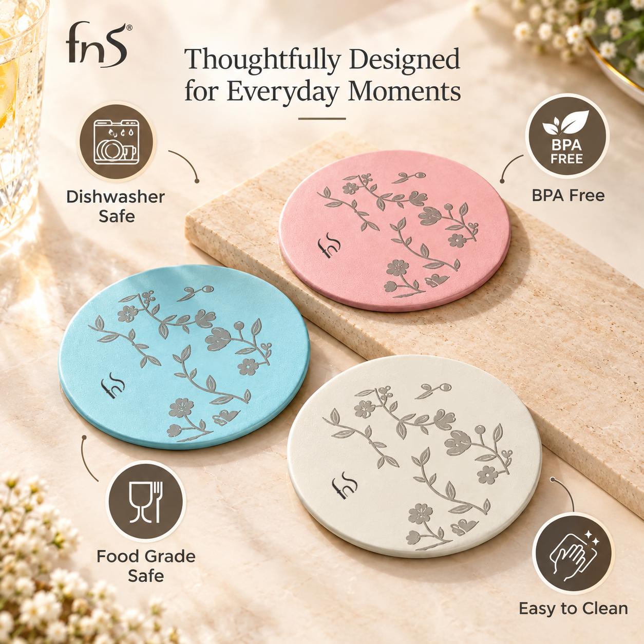 FnS Sesia 6-Pc Multicolour Floral Stainless Steel Round Coaster Set