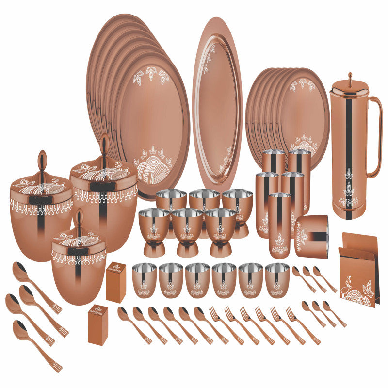 FnS GOND Stainless Steel Rose Gold Dinner Set (60 pcs)