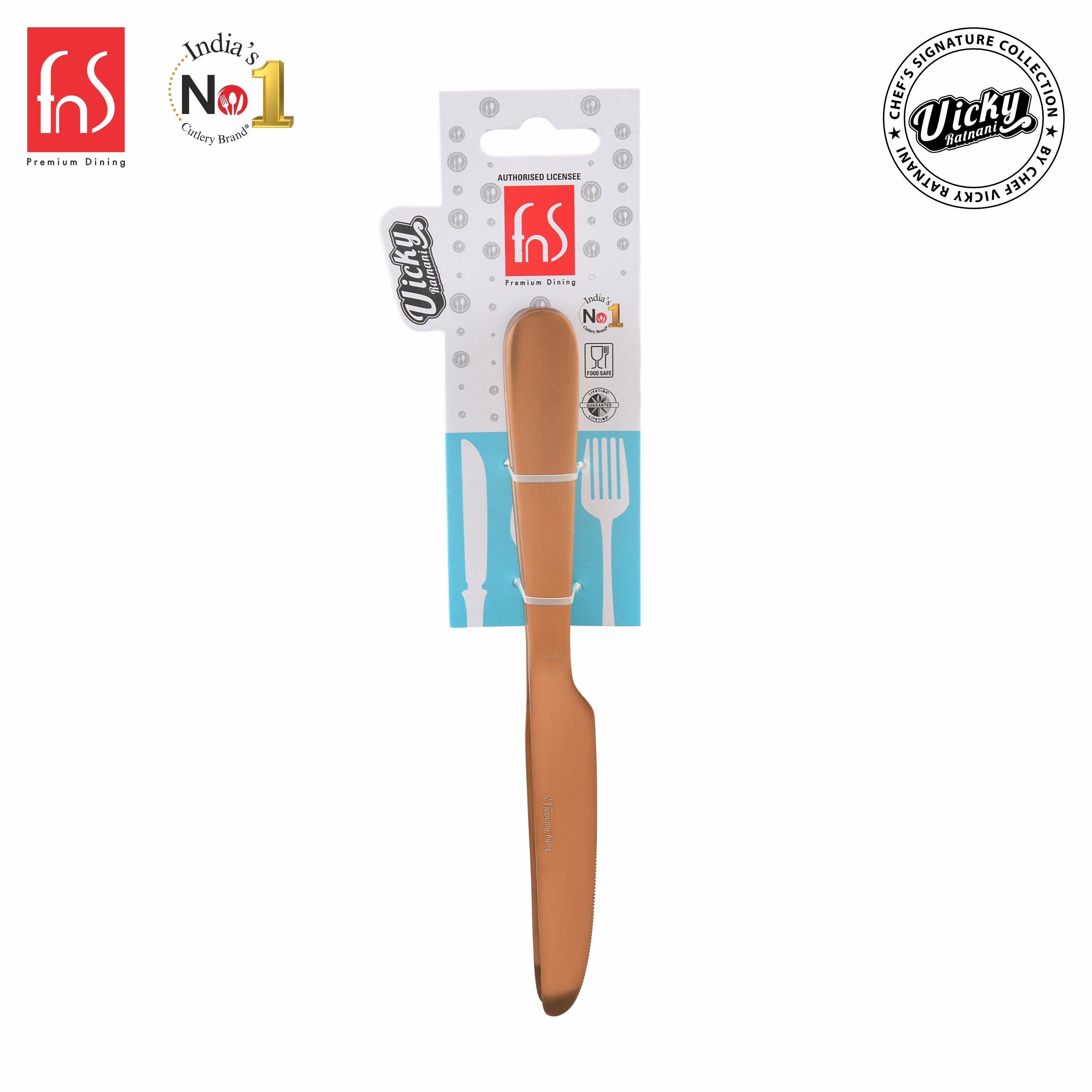 Chef Vicky Ratnani's Signature Collection By FnS Livo Rose Gold Dessert Knife/Dinner knife/Butter knife 2 Pcs Set | Premium refined finish Handle Design Cutlery for Home, Dining & Kitchen