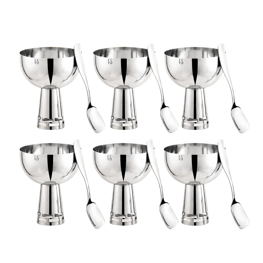 FnS Basil Stainless Steel Ice Cream Bowl & Spoon Set of 6