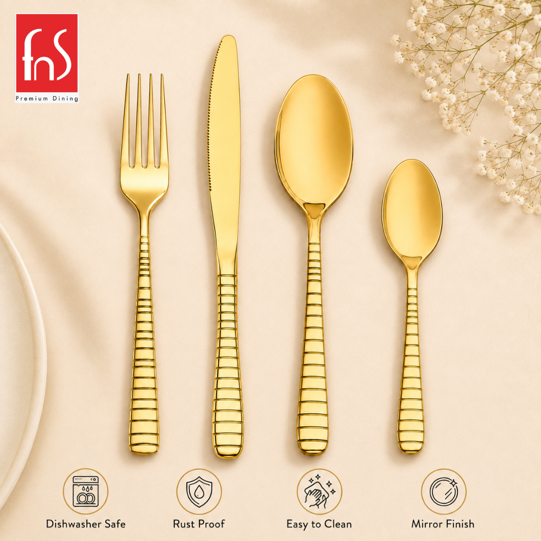Boston 24 Pcs Cutlery Set with fork, knife and two spoons; dishwasher safe, rust proof, easy to clean and sleek mirror finish.