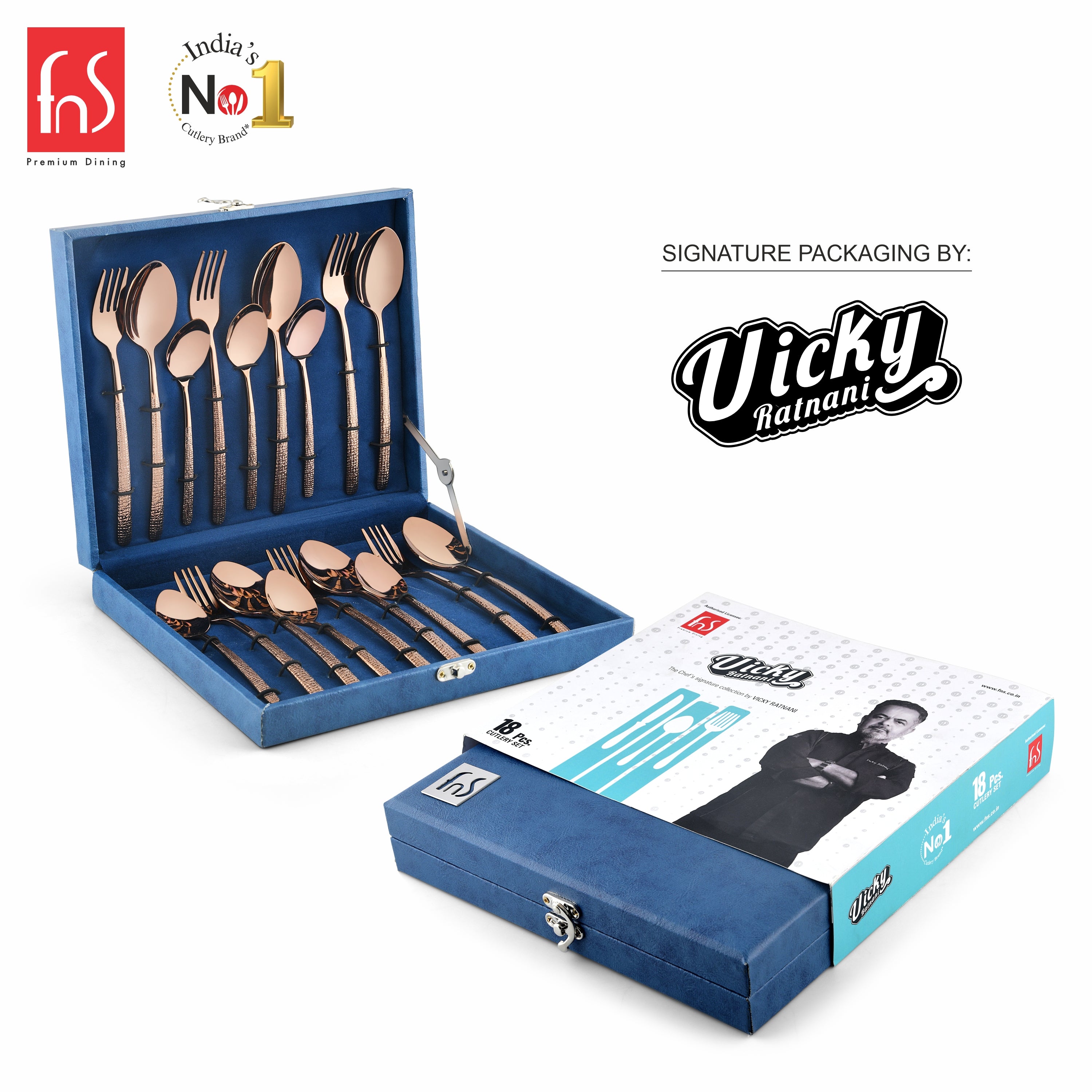 Chef Vicky Ratnani's Signature Collection By FnS Sorrento Rose Gold Stainless Steel 18 Pcs Cutlery Set with Box Pack | 6 Dinner Spoons, 6 Dinner Forks, 6 Tea Spoons | Premium Textured Handle Design Cutlery for Home, Dining & Kitchen