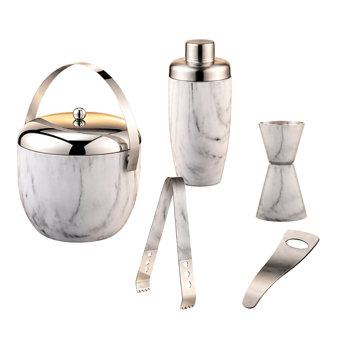 FnS 5-Pc White Marble Finish Stainless Steel Bar Set