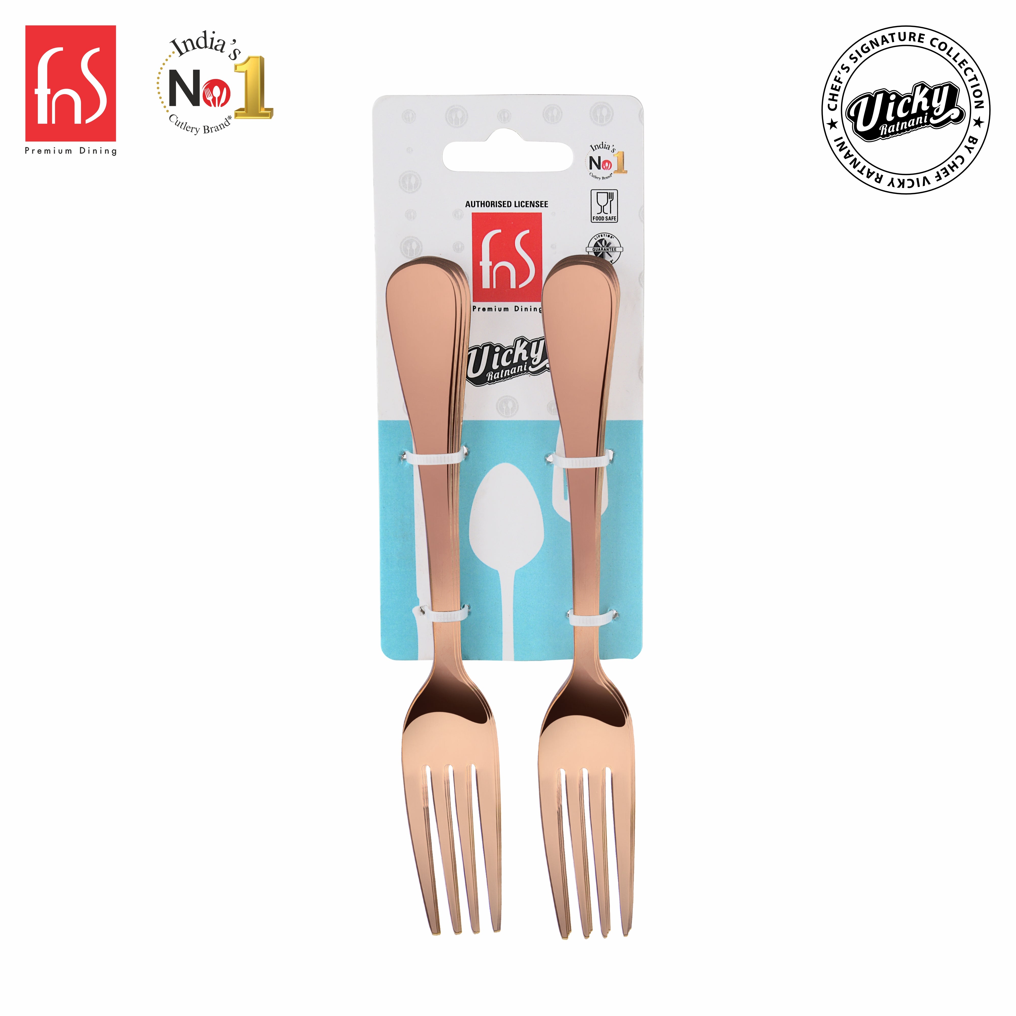 Chef Vicky Ratnani's Signature Collection By FnS Livo Rose Gold Stainless Steel Dessert Fork 6 Pcs Set | Premium refined finish Handle Design Cutlery for Home, Dining & Kitchen