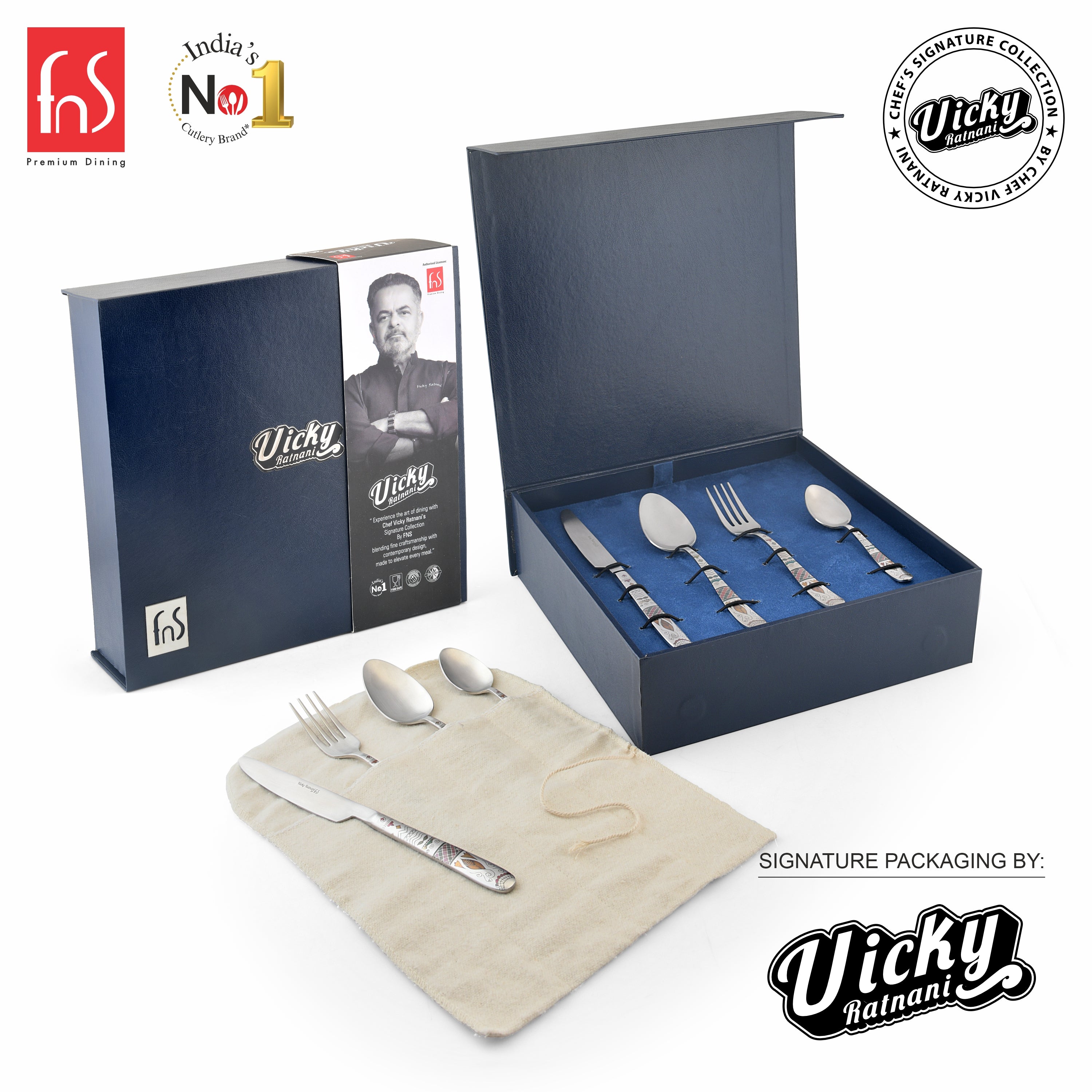 Chef Vicky Ratnani's Signature Collection By FnS Wales Stainless Steel 24 Pcs Cutlery Set with Box Pack | 6 Dinner Spoon, 6 Dinner Fork, 6 Dinner Knife/Butter Knife, 6 Teaspoon