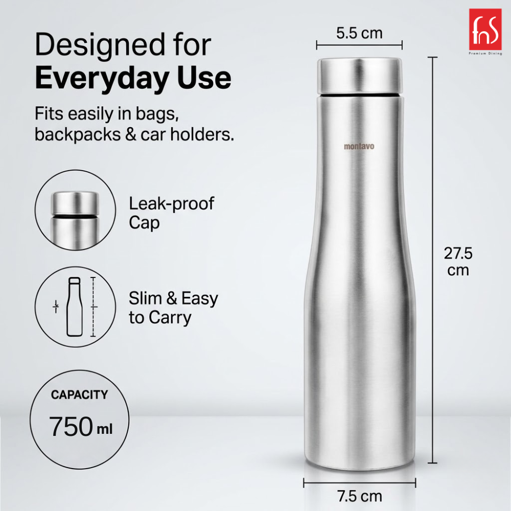 Montavo by FnS Purify Stainless Steel Water Bottle Set of 4 (Capacity 750 ml)