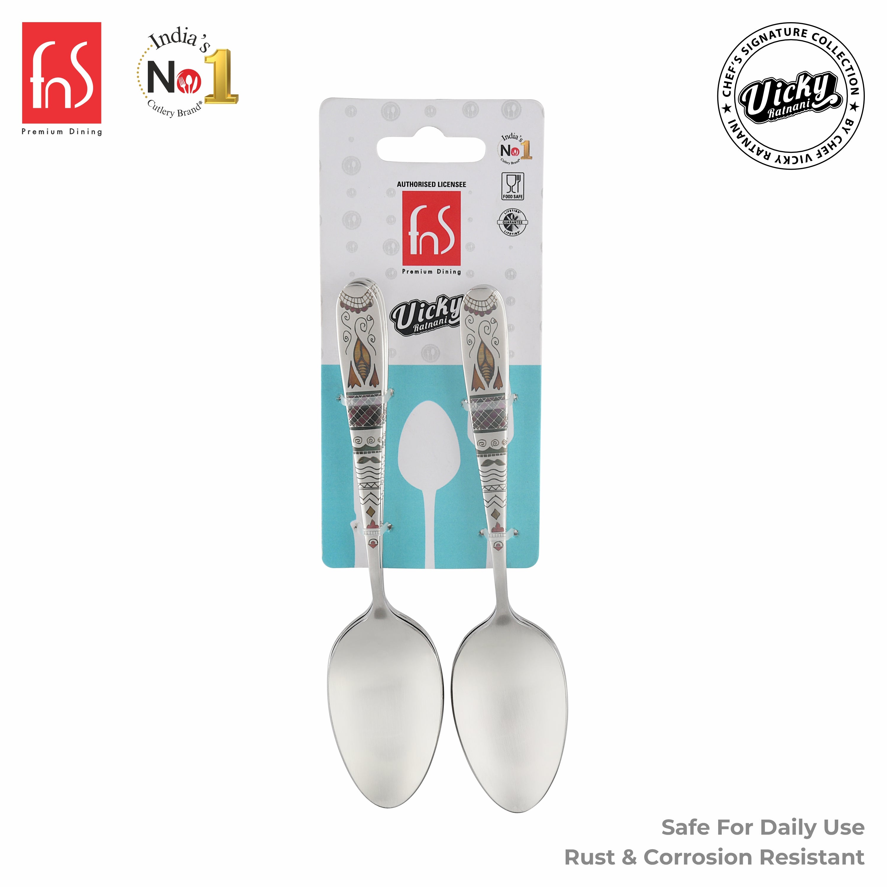 Chef Vicky Ratnani's Signature Collection By FnS Wales Stainless Steel Dessert Spoon 6 Pcs Set | Premium artistic & contemporary craftsmanship detailing Handle Design Cutlery for Home, Dining & Kitchen