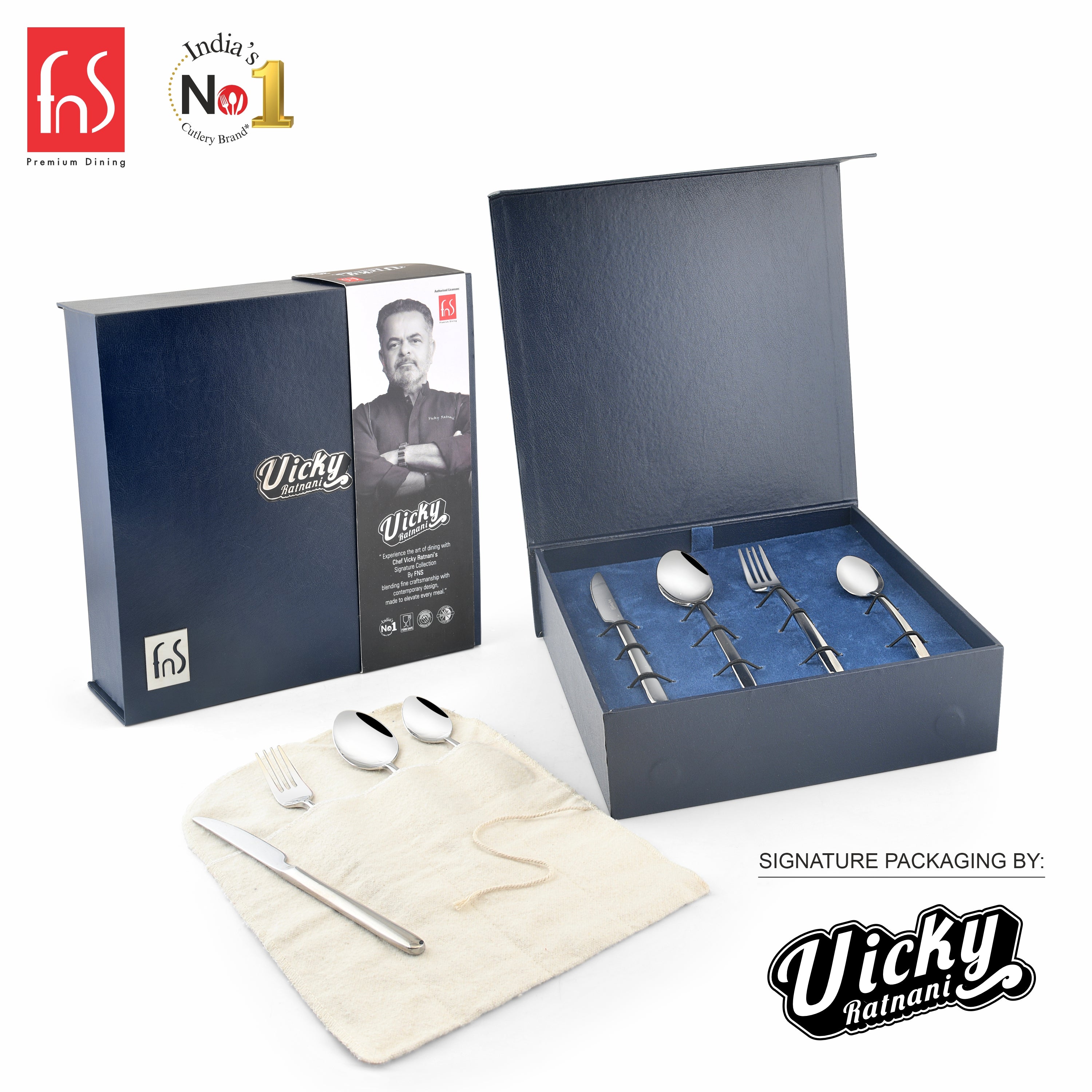 Chef Vicky Ratnani's Signature Collection By FnS Thames Stainless Steel 24 Pcs Cutlery Set with Box Pack | 6 Dinner Spoon, 6 Dinner Fork, 6 Dinner Knife/Butter Knife, 6 Teaspoon | Premium modern minimalism Handle Design Cutlery for Home, Dining & Kitchen