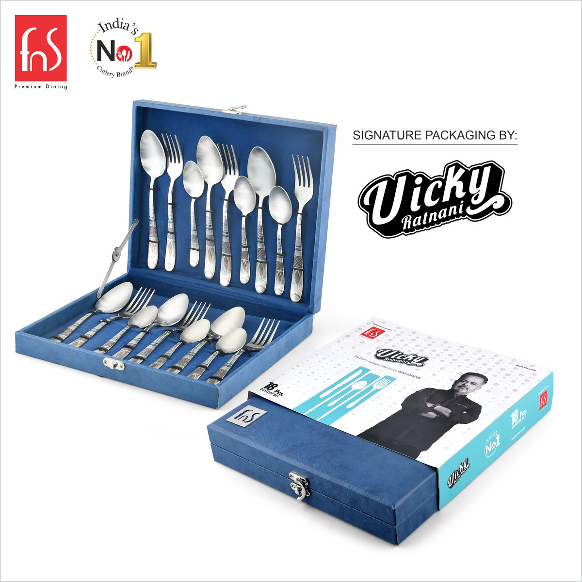 Chef Vicky Ratnani’s Signature Collection By FnS Wales Stainless Steel 18 Pcs Cutlery Set with Box Pack | 6 Dinner Spoons, 6 Dinner Forks, 6 Tea Spoons