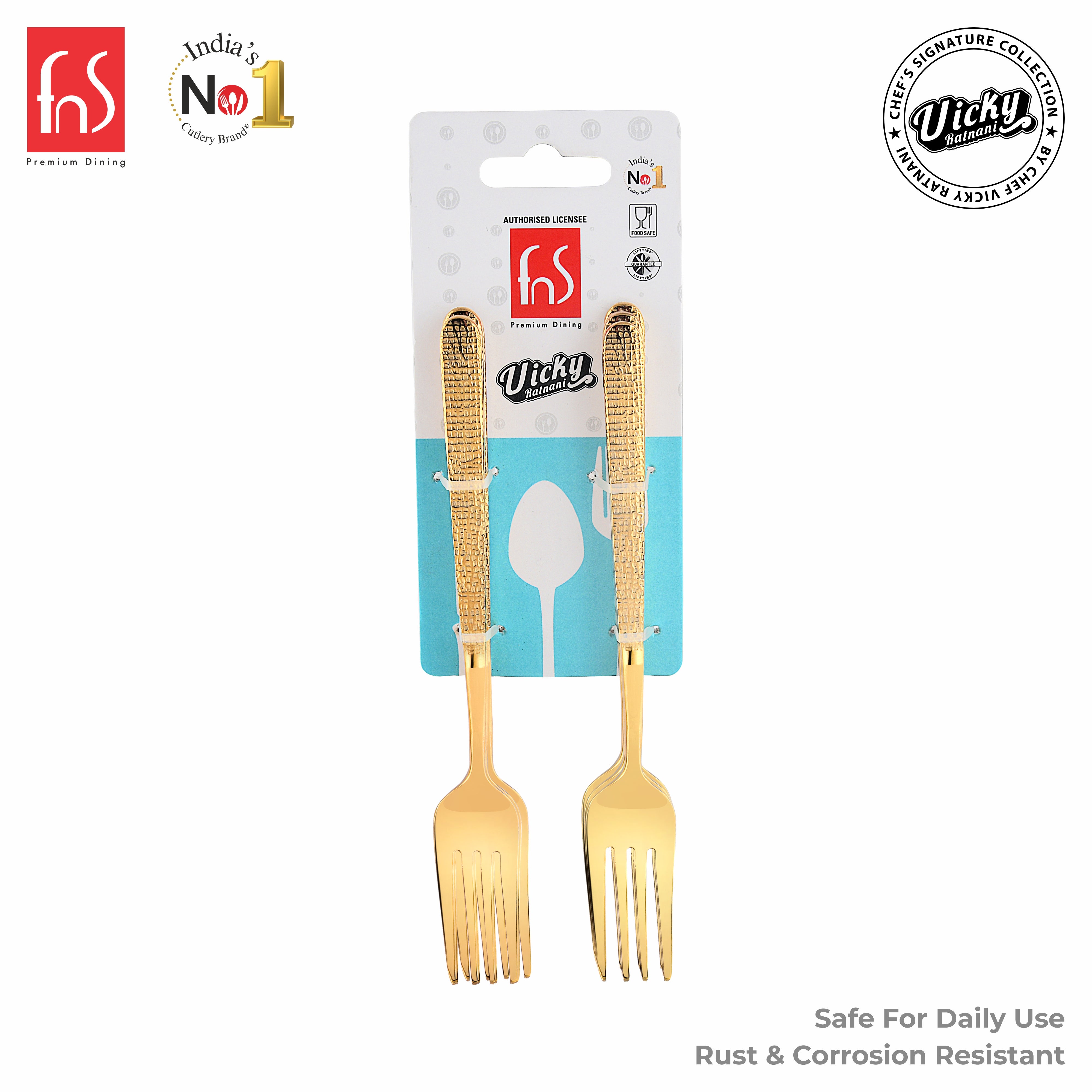 Chef Vicky Ratnani's Signature Collection By FnS Velora Stainless Steel Dessert Fork 6 Pcs Set | Premium Textured Handle Design Cutlery for Home, Dining & Kitchen