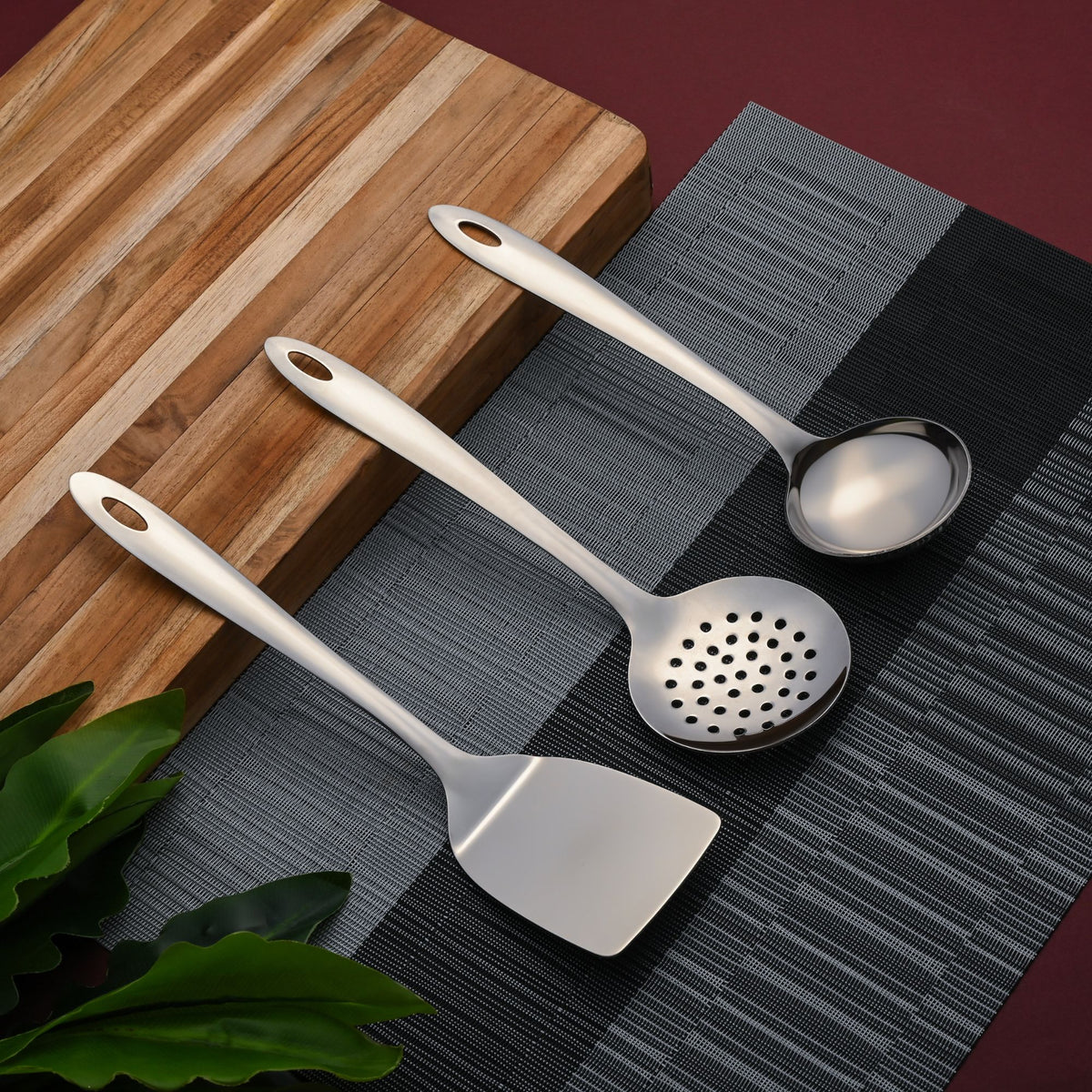 Montavo by FnS Amazon Stainless Steel Serving Tools Set of 3, 1 Gravy Ladle (chamcha), 1 Solid Turner, 1 Skimmer Turner