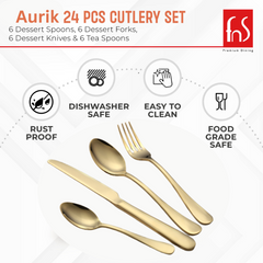 FNS Aurik 24 pcs Gold Plated Premium Cutlery Set with Box