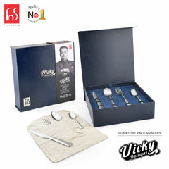 Chef Vicky Ratnani's Signature Collection By FnS Nexa Stainless Steel 24 Pcs Cutlery Set with Box Pack | 6 Dinner Spoon, 6 Dinner Fork, 6 Dinner Knife/Butter Knife, 6 Teaspoon | Premium sleek contemporary Handle Design Cutlery for Home, Dining & Kitchen