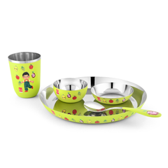FnS Little Bites 5-Pc Stainless Steel Kids Dinner Thali Set – Mighty Fruit Green