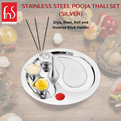FnS Premium Stainless Steel Pooja Thali Set - 5 Pc Set (Silver) (Pooja Thali)