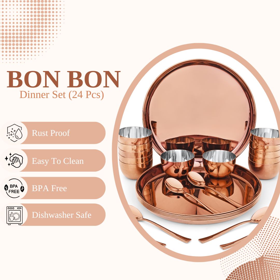 FnS BonBon Rose Gold 24 pcs Stainless Steel Dinner Set (6 Thali, 12 Katori (Bowl), 6 Dinner Spoon)