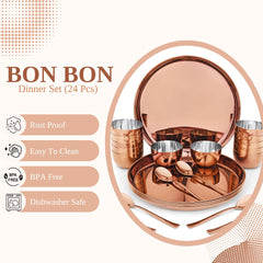 FnS BonBon Rose Gold 24 pcs Stainless Steel Dinner Set (6 Thali, 12 Katori (Bowl), 6 Dinner Spoon)