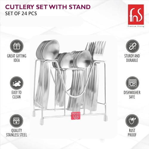 Montavo by FnS Casper Stainless Steel Cutlery Set with Stand (6 Dessert Spoon, 6 Dessert Fork, 6 Tea Spoon, 6 Baby Spoon & 1 Hanging Stand)