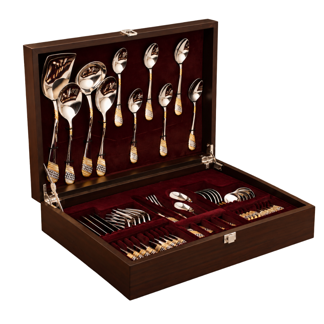 FnS Imperio Gold Plated 34 pcs Cutlery Set with Wooden Box Packaging