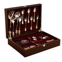 FnS Imperio Gold Plated 34 pcs Cutlery Set with Wooden Box Packaging