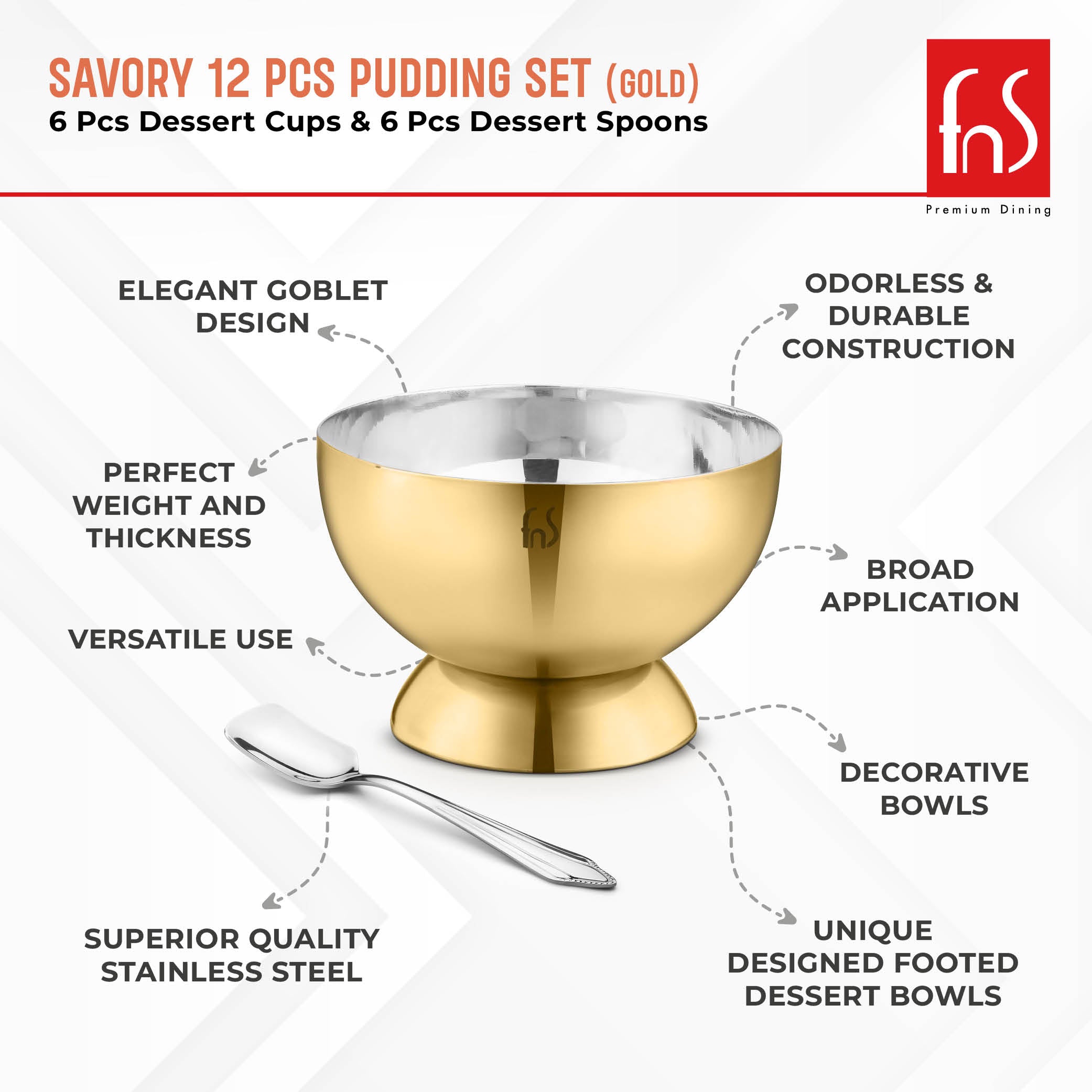 FnS Premium Stainless Steel Savory Ice Cream Bowls Gold