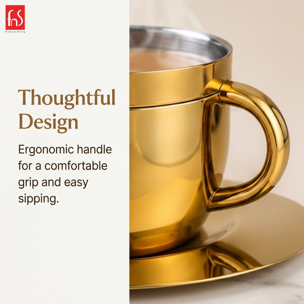 FnS Tea Cup and Saucer Set of 4 Stainless Steel for Gift and Home Decor Double Walled Cup | Unbreakable Cups for Tea and Coffee (Gold, 4 Cups and 4 Saucer)