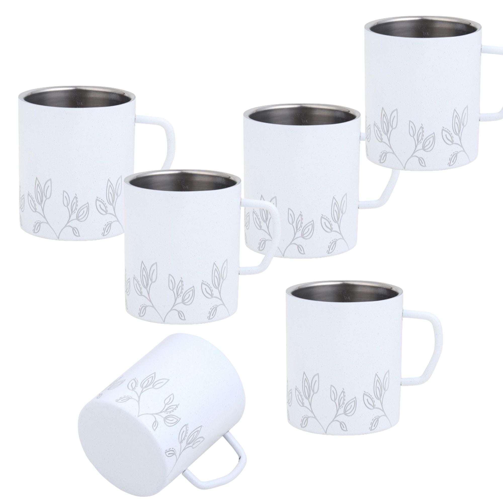 FNS Stainless Steel Coffee Mugs, with Laser Engraving White (Set of 6)