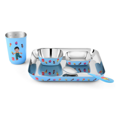 FnS Little Bites 5-Pc Stainless Steel Kids Dinner Thali Set – Ice Cream Party Blue