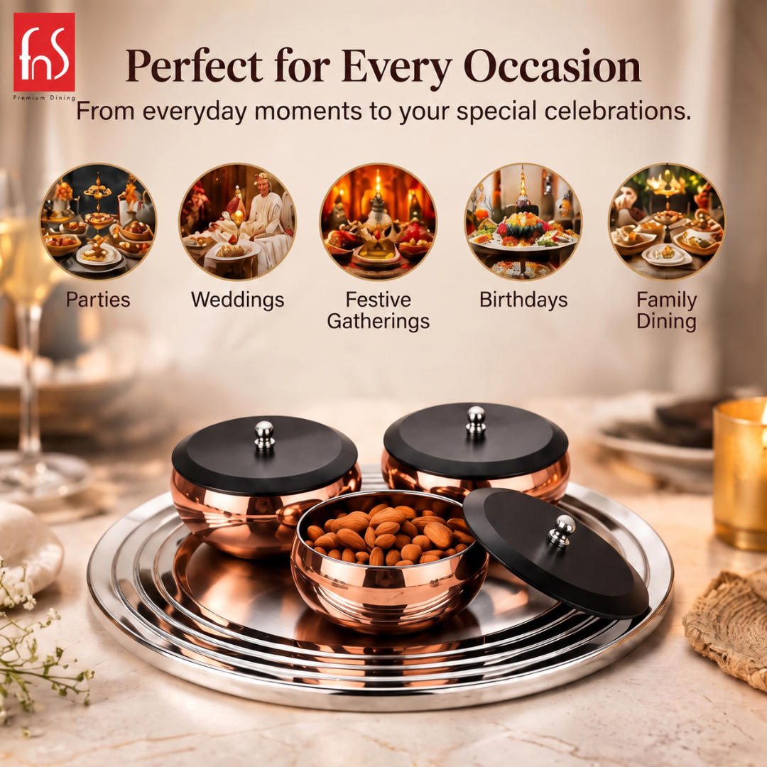 FnS Orbit Stainless Steel Serving Set for Snacks, Dry Fruits, Dessert (Rose Gold)
