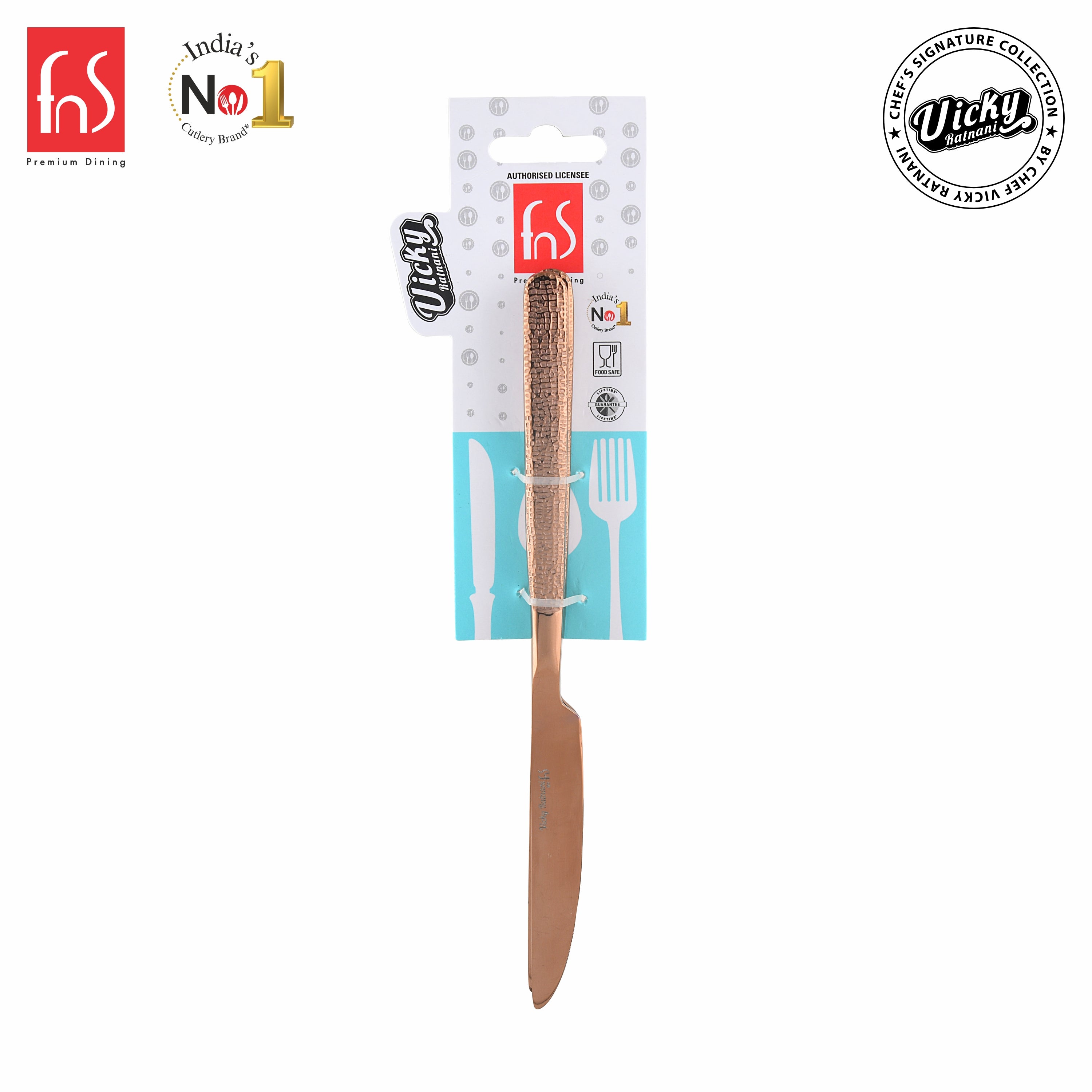 Chef Vicky Ratnani's Signature Collection By FnS Sorrento Rose Gold Dessert Knife/Dinner knife/Butter knife 2 Pcs Set | Premium Textured Handle Design Cutlery for Home, Dining & Kitchen