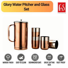 FnS Rose Gold Stainless Steel Glory Water Pitcher with lid and Glass Set of 1 Pitcher and 4 Glasses (1.5 LTR)