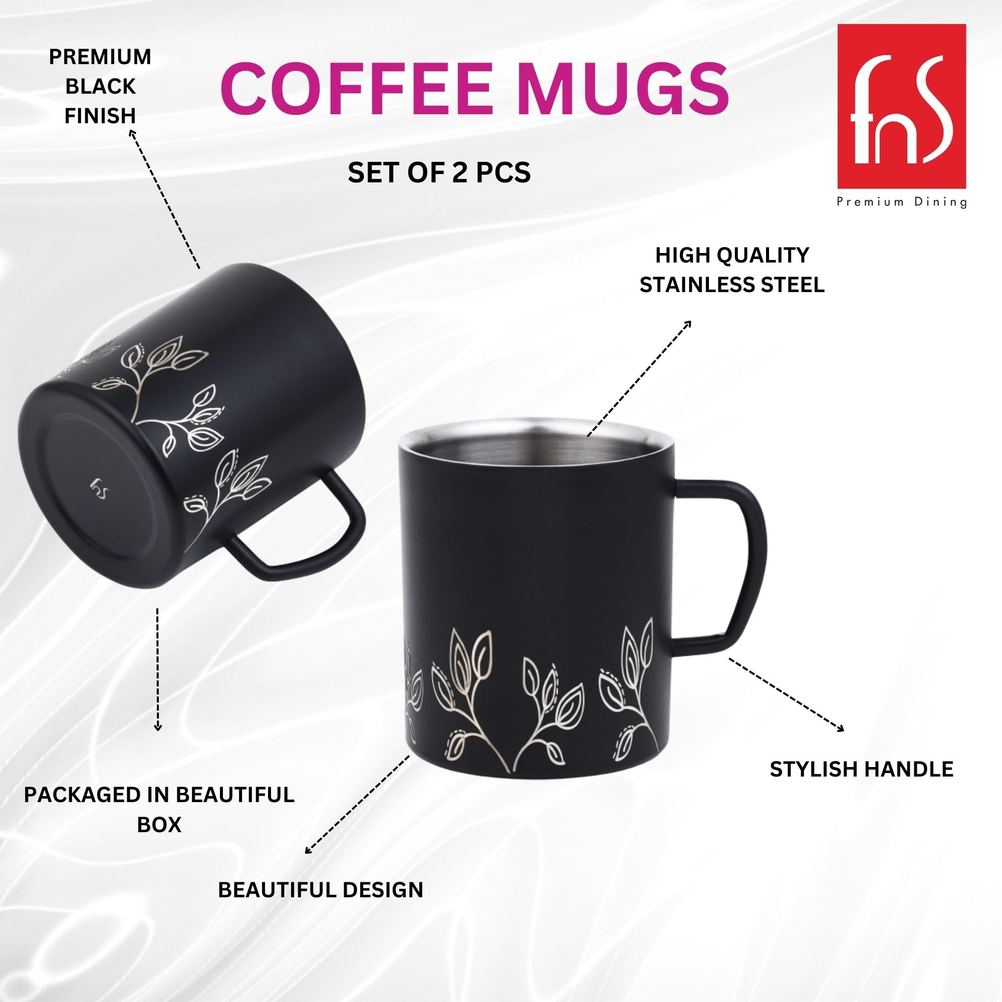 FnS Stainless Steel Coffee Mugs, with Laser Engraving - Black (Set of 2)