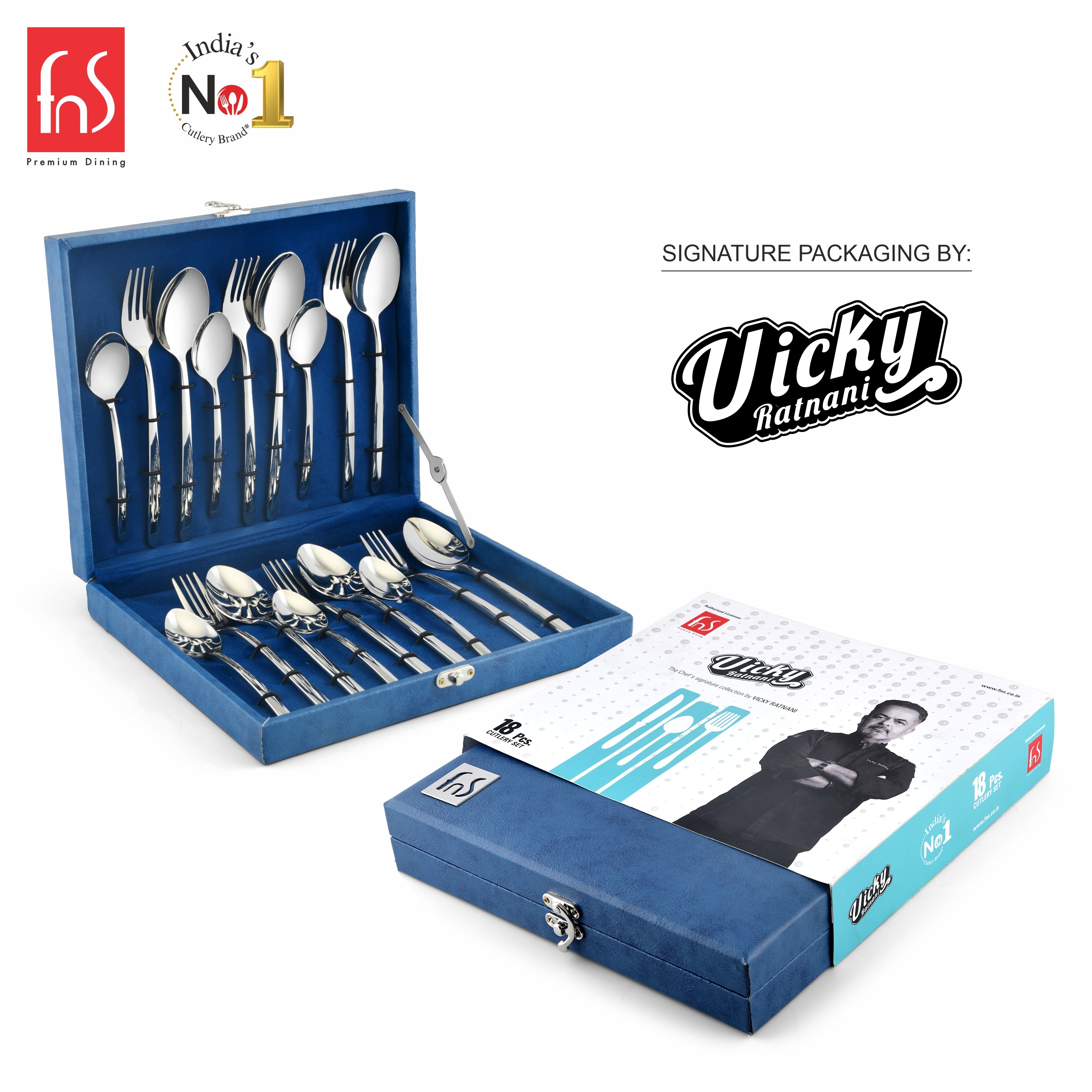 Chef Vicky Ratnani's Signature Collection By FnS Thames Stainless Steel 18 Pcs Cutlery Set with Box Pack | 6 Dinner Spoons, 6 Dinner Forks, 6 Tea Spoons | Premium modern minimalism Handle Design Cutlery for Home, Dining & Kitchen