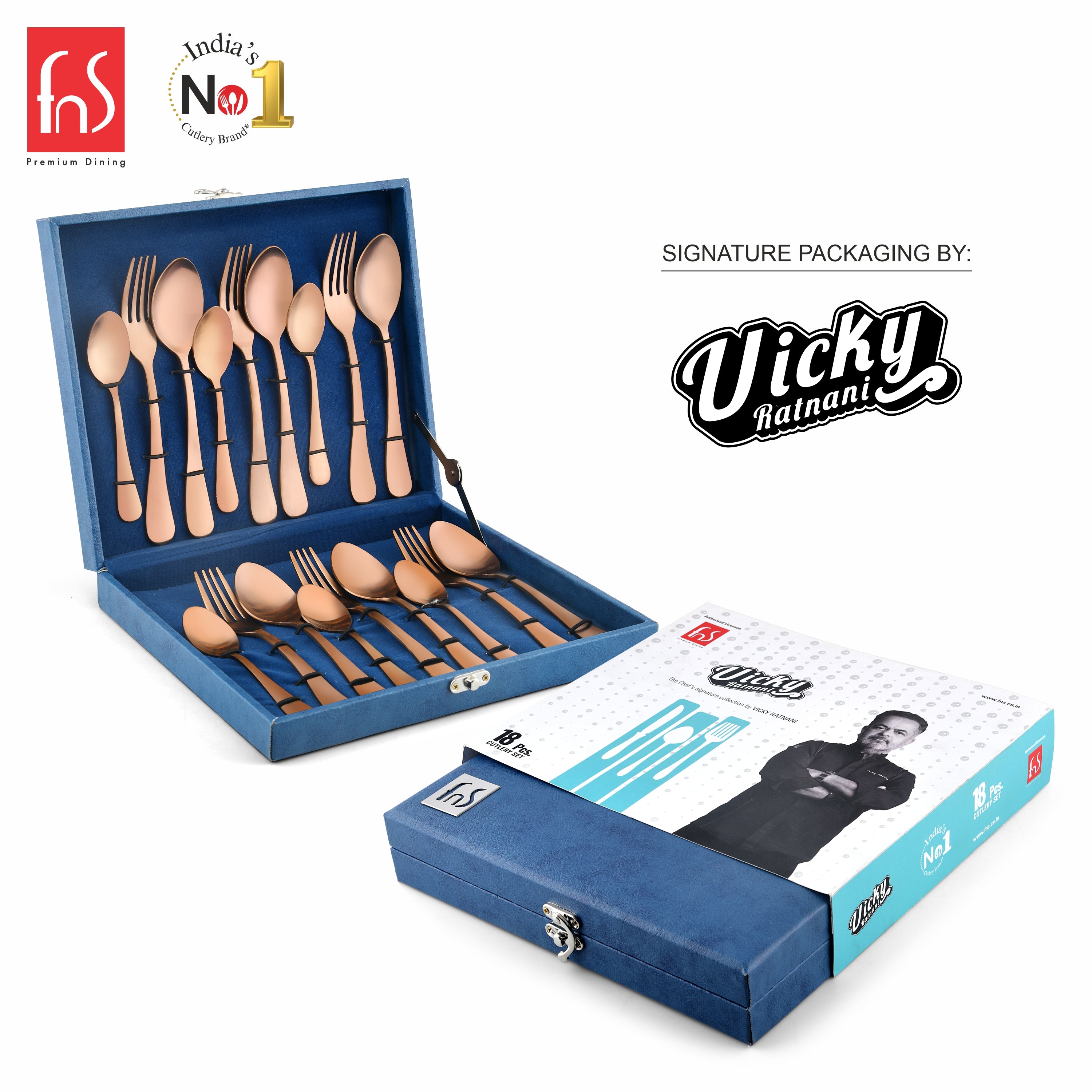Chef Vicky Ratnani's Signature Collection By FnS Livo Rose Gold Stainless Steel 18 Pcs Cutlery Set with Box Pack | 6 Dinner Spoons, 6 Dinner Forks, 6 Tea Spoons | Premium refined finish Handle Design Cutlery for Home, Dining & Kitchen