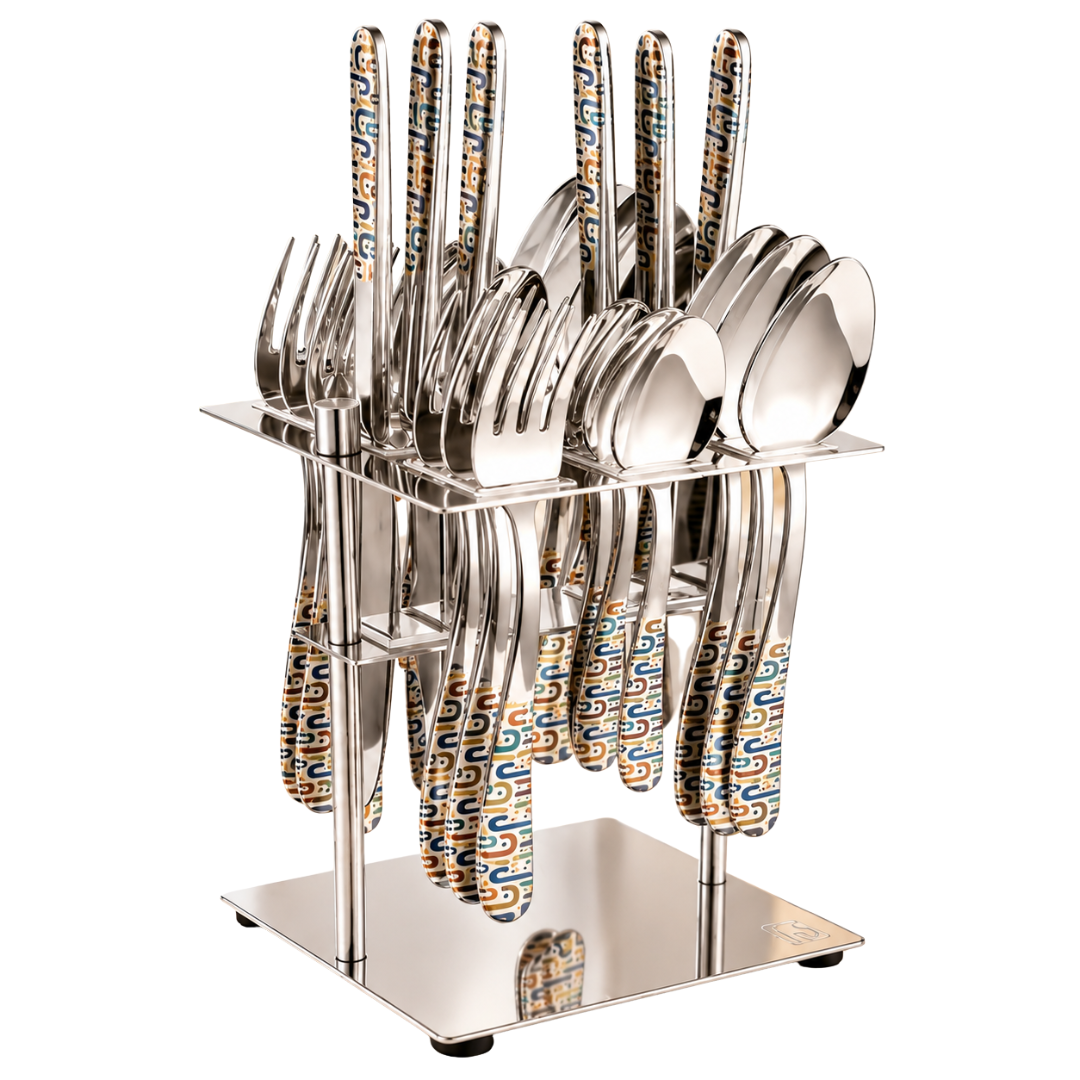 FnS Monho 24-Pc Plasma Laser Colour Steel Cutlery Set with Stand