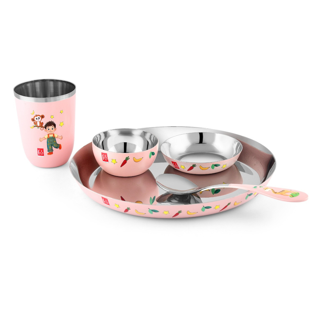 FnS Little Bites 5-Pc Stainless Steel Kids Dinner Thali Set – Pink