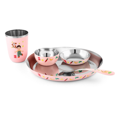 FnS Little Bites 5-Pc Stainless Steel Kids Dinner Thali Set – Pink
