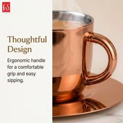 FnS Tea Cup and Saucer Set of 4 Stainless Steel for Gift and Home Decor Double Walled Cup | Unbreakable Cups for Tea and Coffee (Rose Gold, 4 Cups and 4 Saucer)