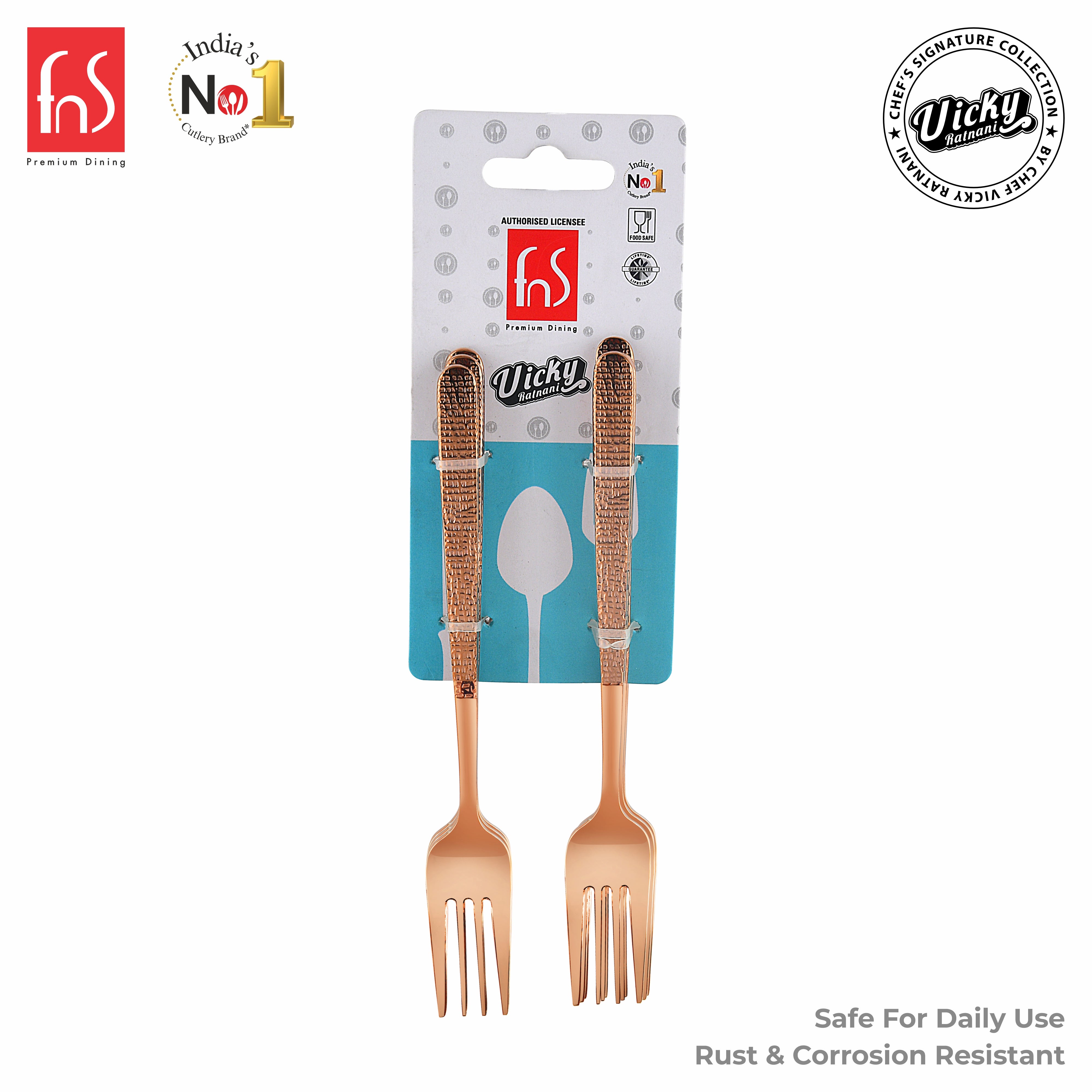 Chef Vicky Ratnani's Signature Collection By FnS Sorrento Rose Gold Stainless Steel Dessert Fork 6 Pcs Set | Premium Textured Handle Design Cutlery for Home, Dining & Kitchen