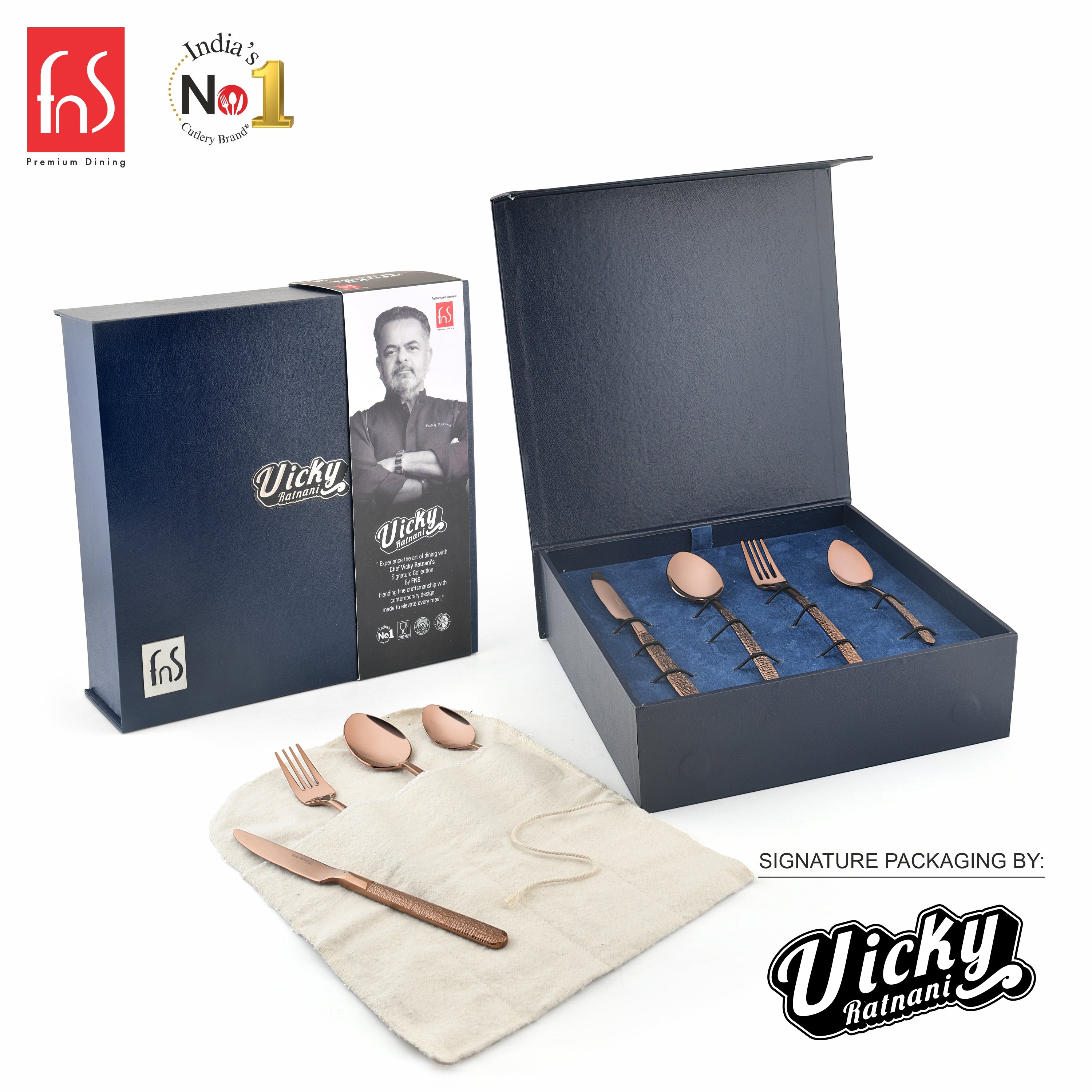 Chef Vicky Ratnani's Signature Collection By FnS Sorrento Rose Gold Stainless Steel 24 Pcs Cutlery Set with Box Pack | 6 Dinner Spoon, 6 Dinner Fork, 6 Dinner Knife/Butter Knife, 6 Teaspoon